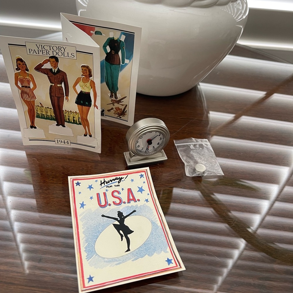 American Girl Molly Winter set Clock, Victory Paper dolls, Hurray for the USA